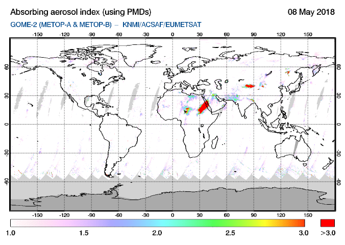 GOME-2 - Absorbing aerosol index of 08 May 2018