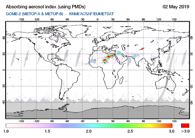 GOME-2 - Absorbing aerosol index of 02 May 2019