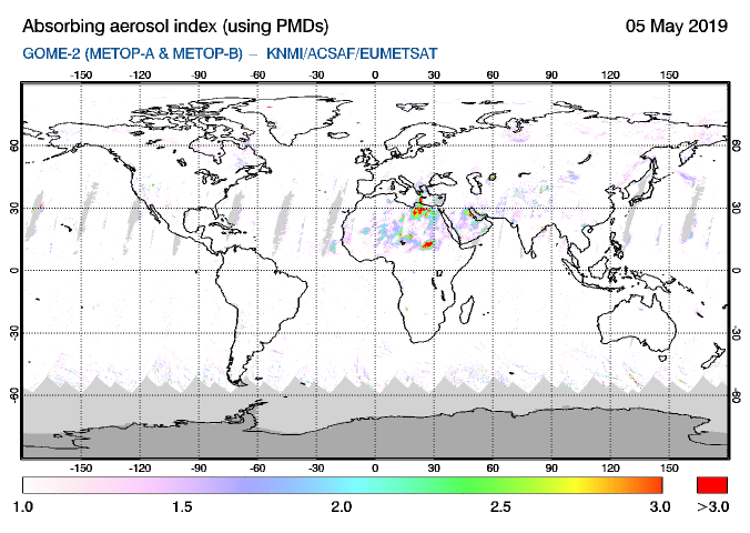 GOME-2 - Absorbing aerosol index of 05 May 2019