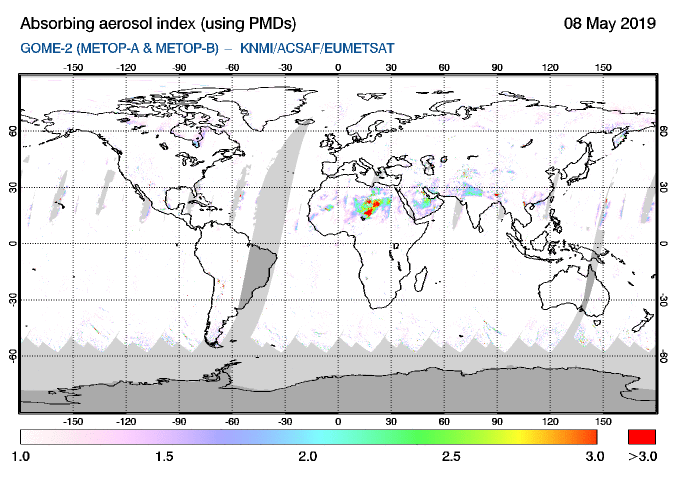 GOME-2 - Absorbing aerosol index of 08 May 2019