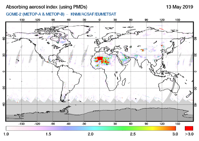 GOME-2 - Absorbing aerosol index of 13 May 2019