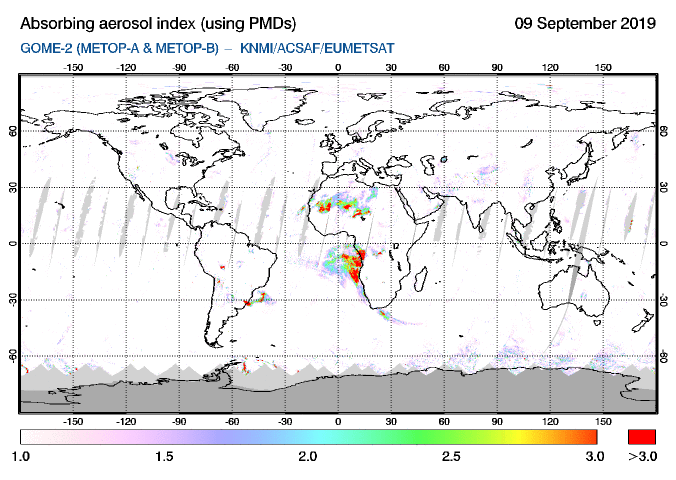 GOME-2 - Absorbing aerosol index of 09 September 2019