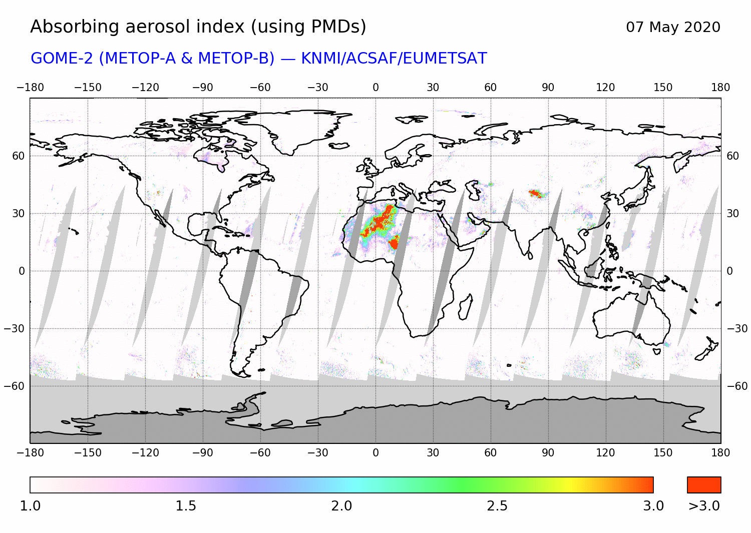 GOME-2 - Absorbing aerosol index of 07 May 2020