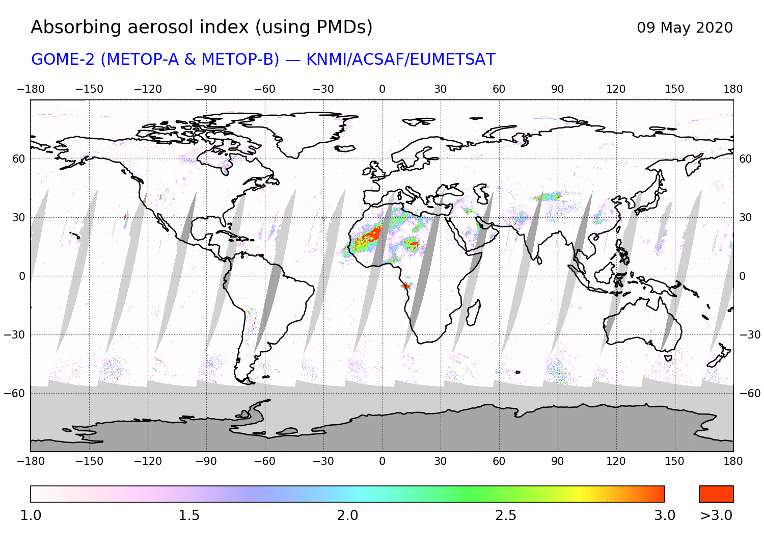GOME-2 - Absorbing aerosol index of 09 May 2020