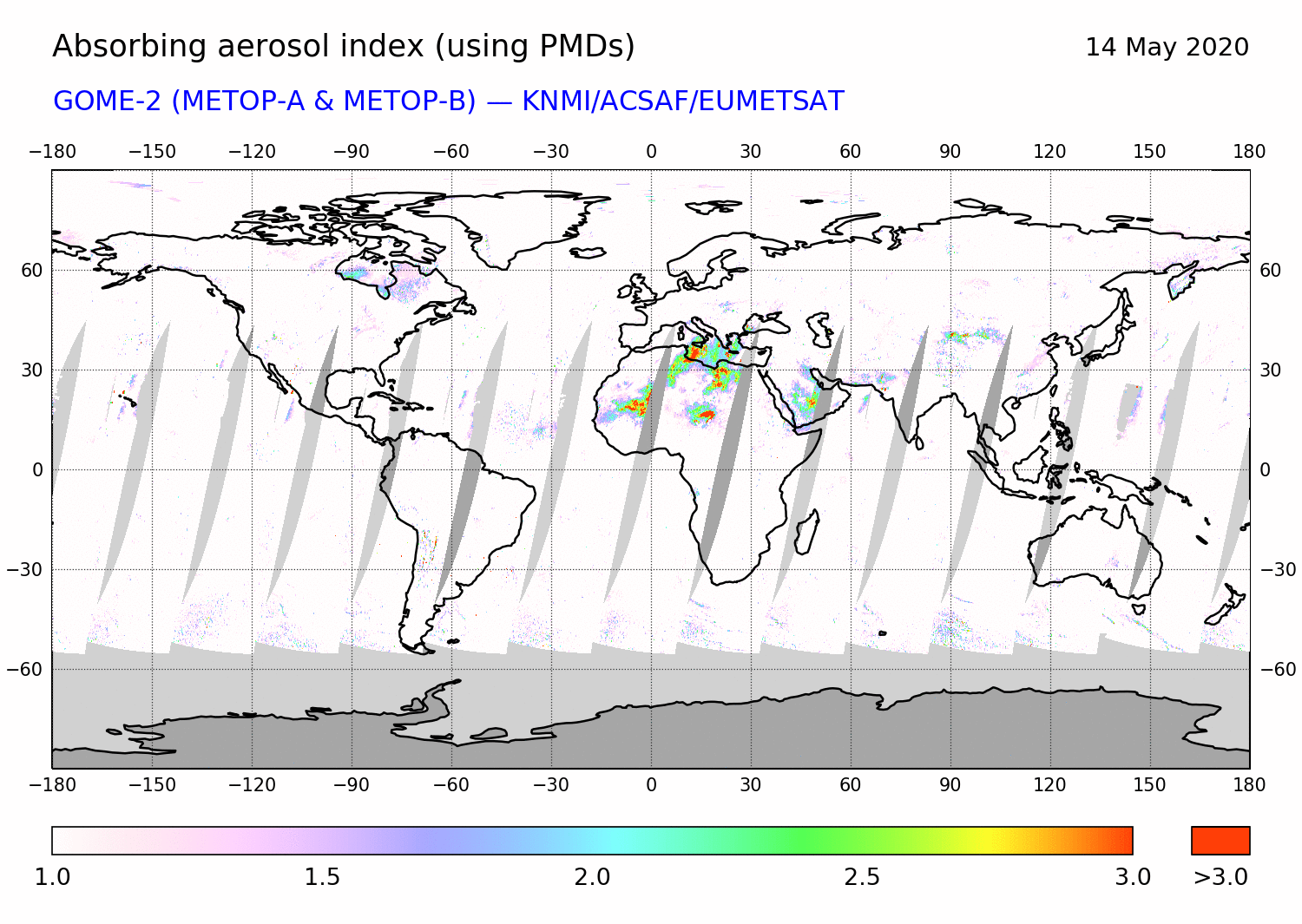 GOME-2 - Absorbing aerosol index of 14 May 2020