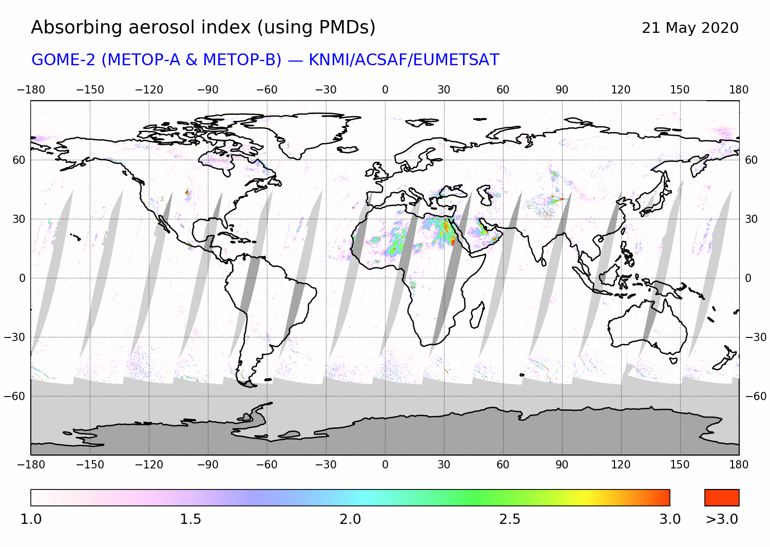 GOME-2 - Absorbing aerosol index of 21 May 2020