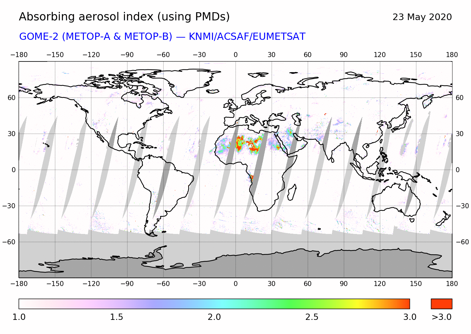 GOME-2 - Absorbing aerosol index of 23 May 2020