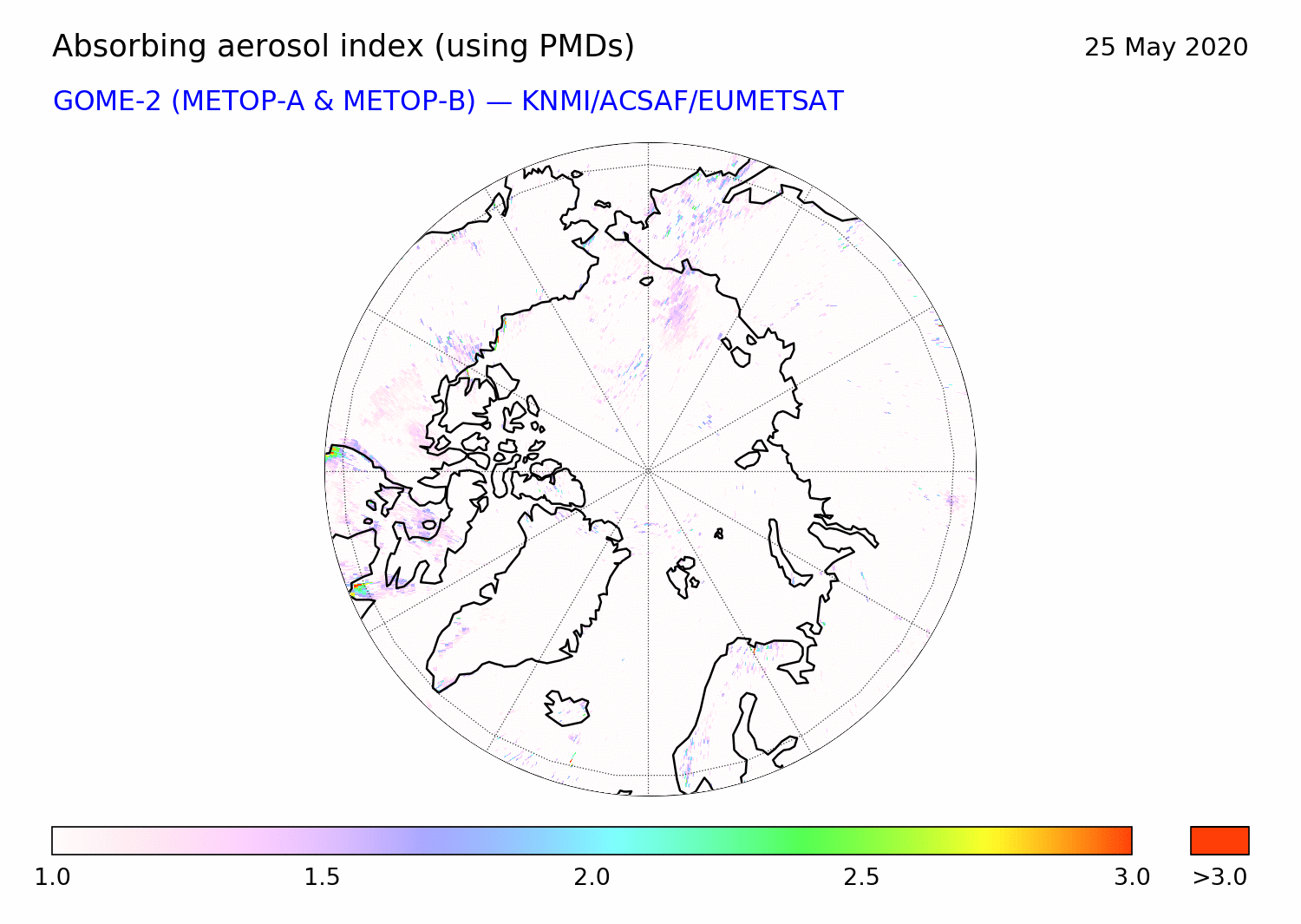 GOME-2 - Absorbing aerosol index of 25 May 2020