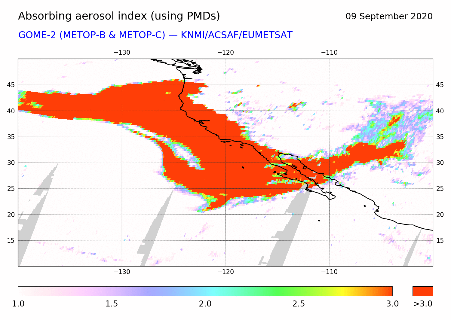 GOME-2 - Absorbing aerosol index of 09 September 2020