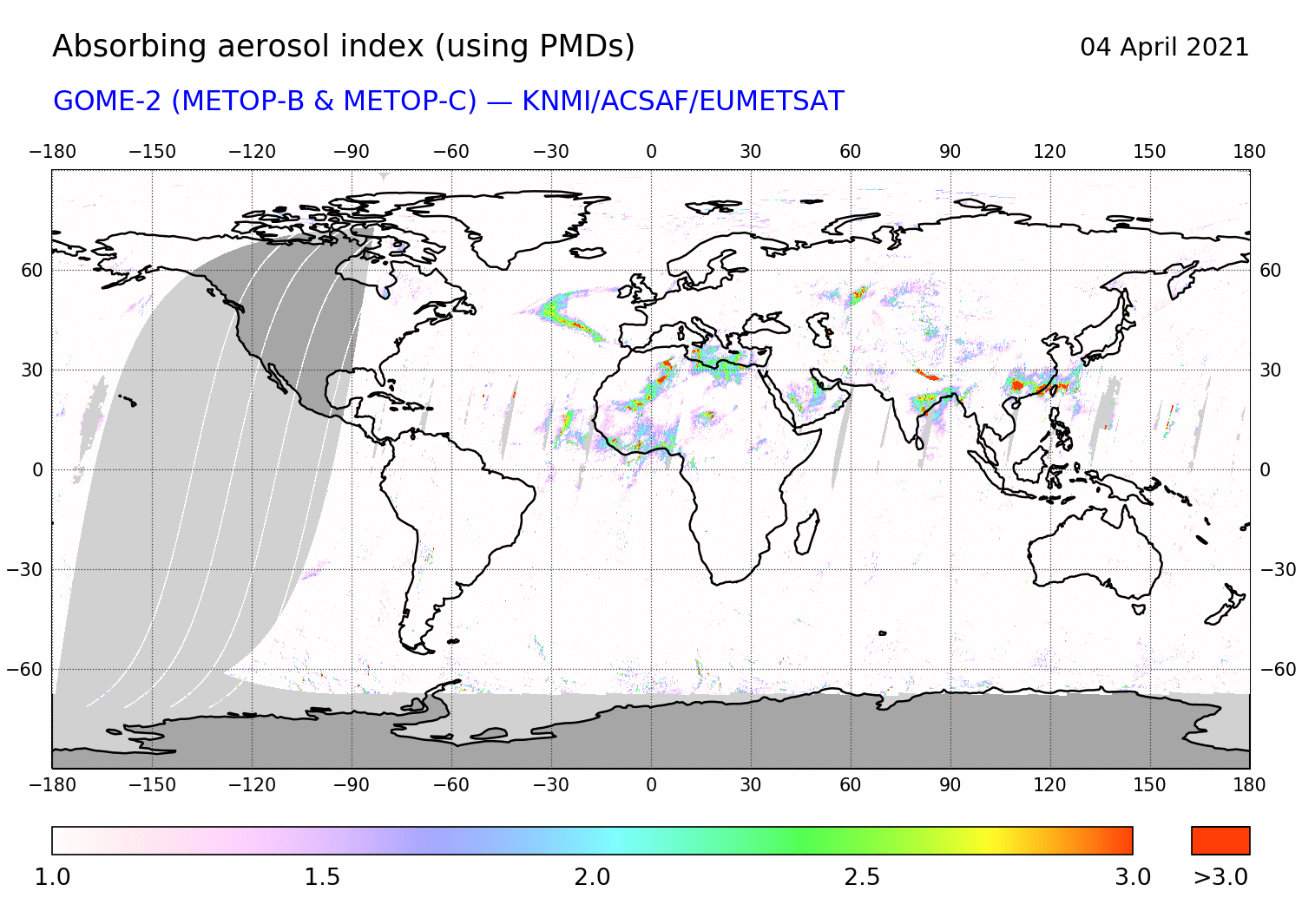 GOME-2 - Absorbing aerosol index of 04 April 2021