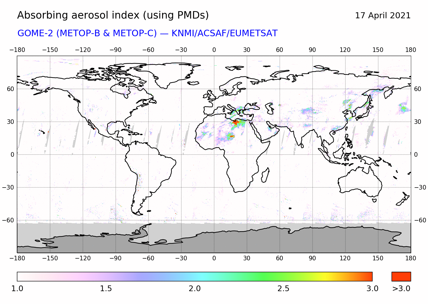 GOME-2 - Absorbing aerosol index of 17 April 2021