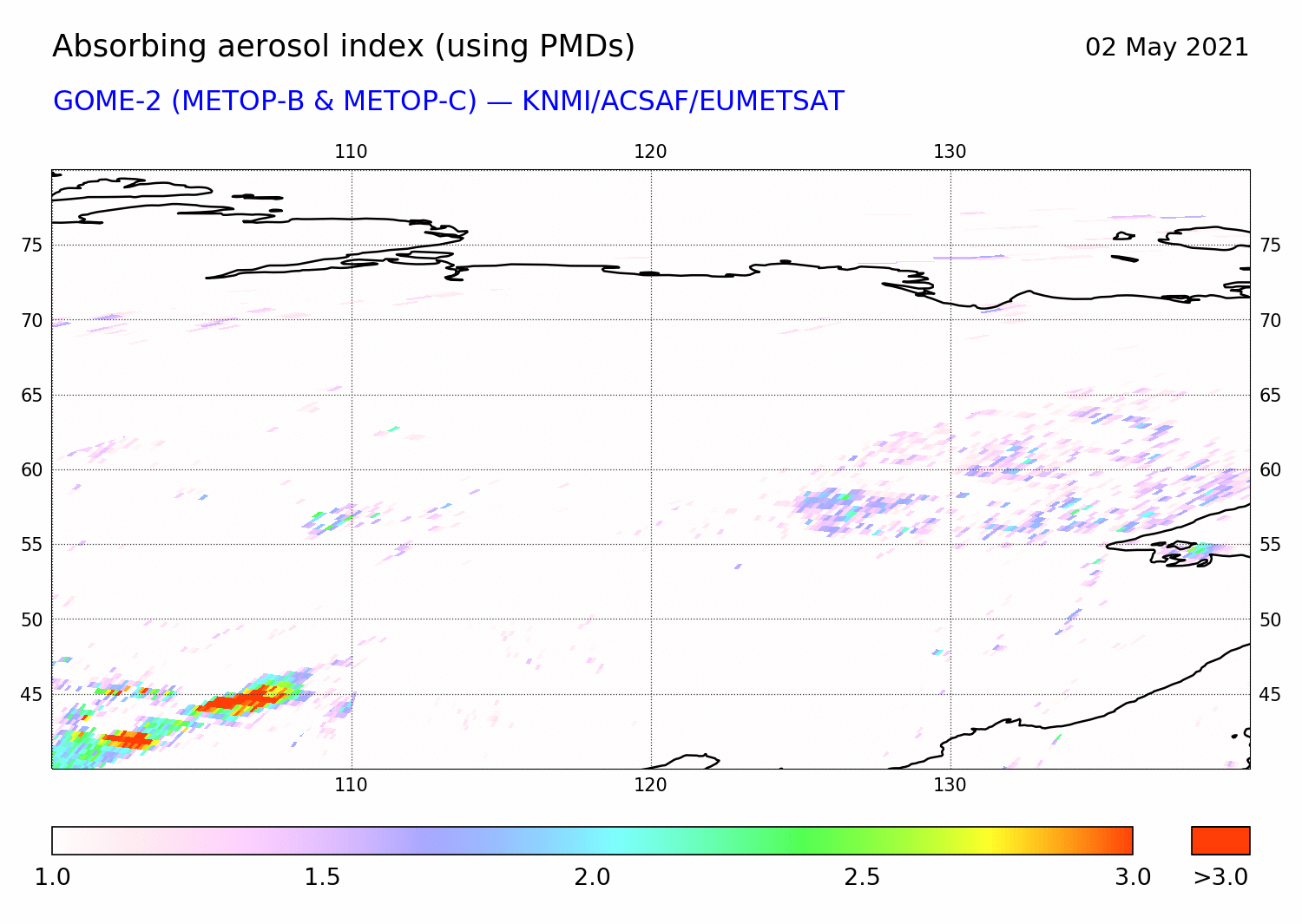 GOME-2 - Absorbing aerosol index of 02 May 2021