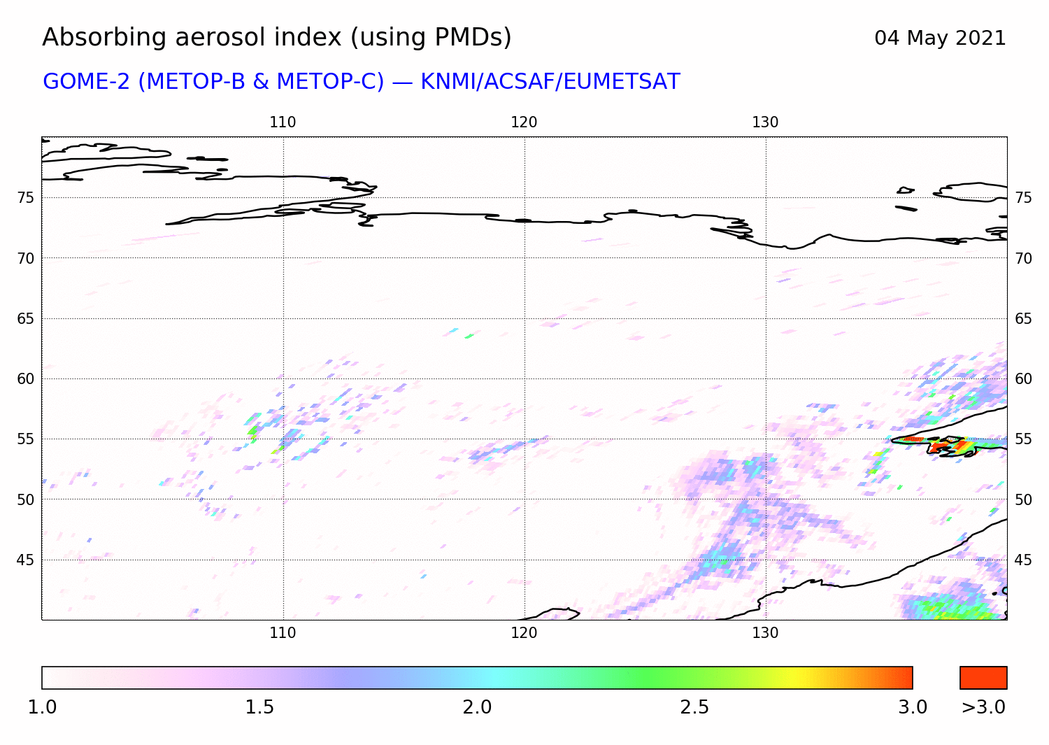 GOME-2 - Absorbing aerosol index of 04 May 2021