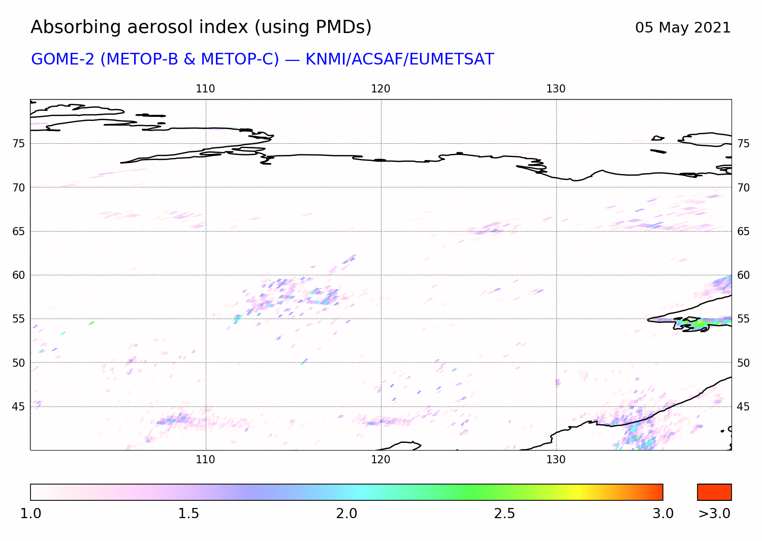 GOME-2 - Absorbing aerosol index of 05 May 2021