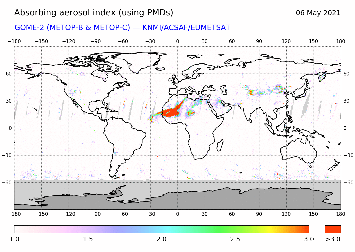 GOME-2 - Absorbing aerosol index of 06 May 2021