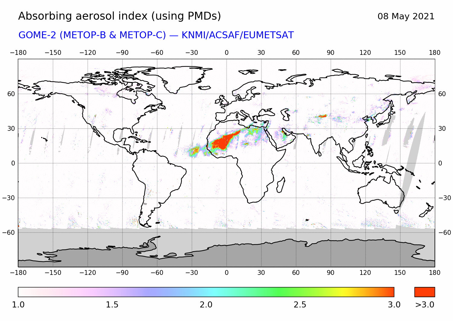 GOME-2 - Absorbing aerosol index of 08 May 2021