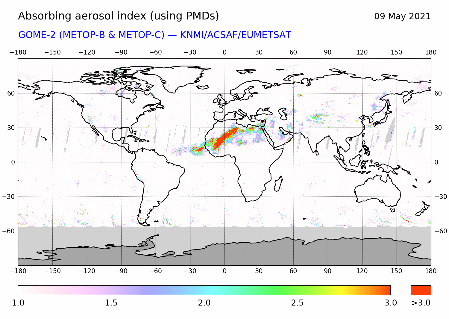 GOME-2 - Absorbing aerosol index of 09 May 2021