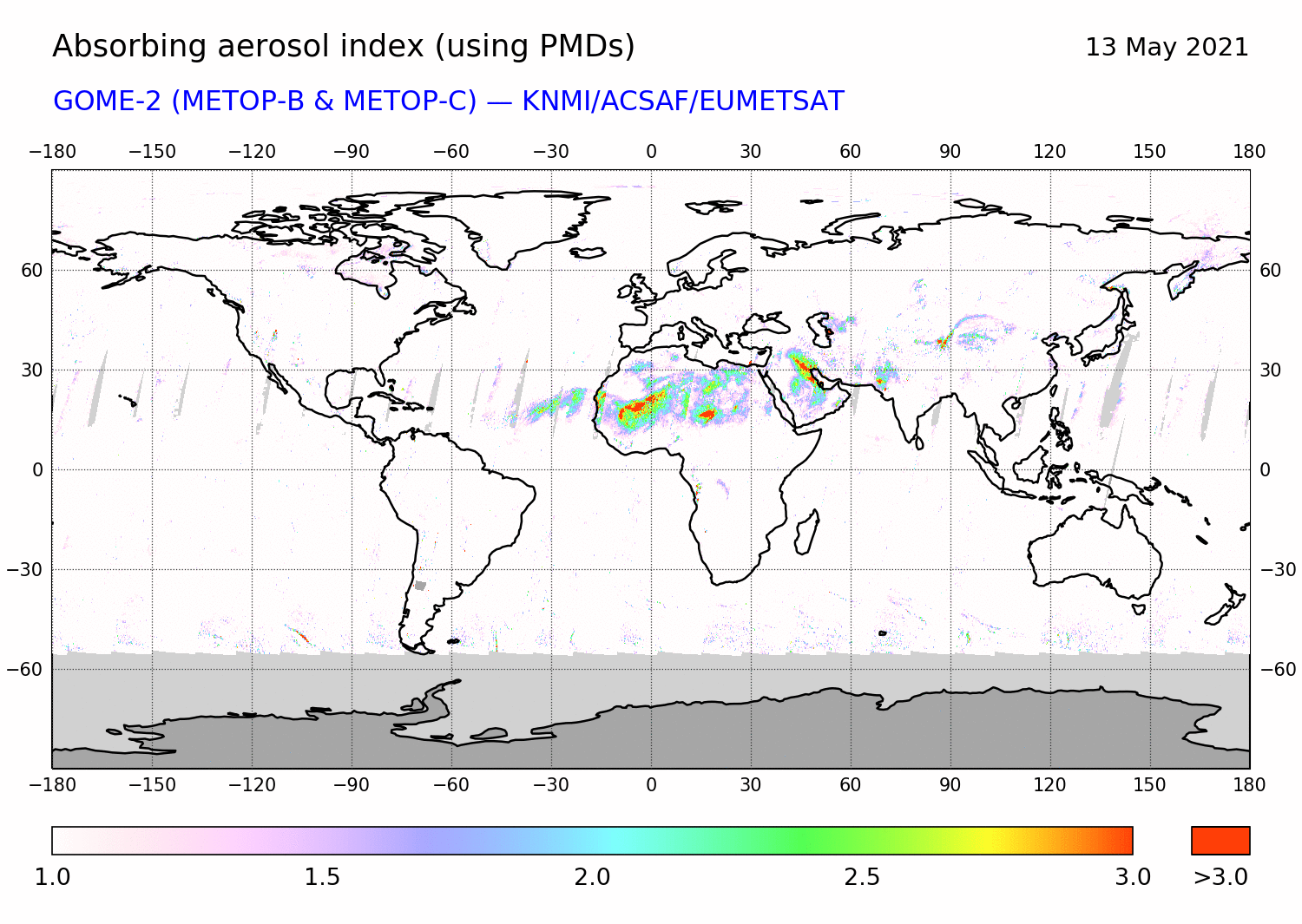 GOME-2 - Absorbing aerosol index of 13 May 2021