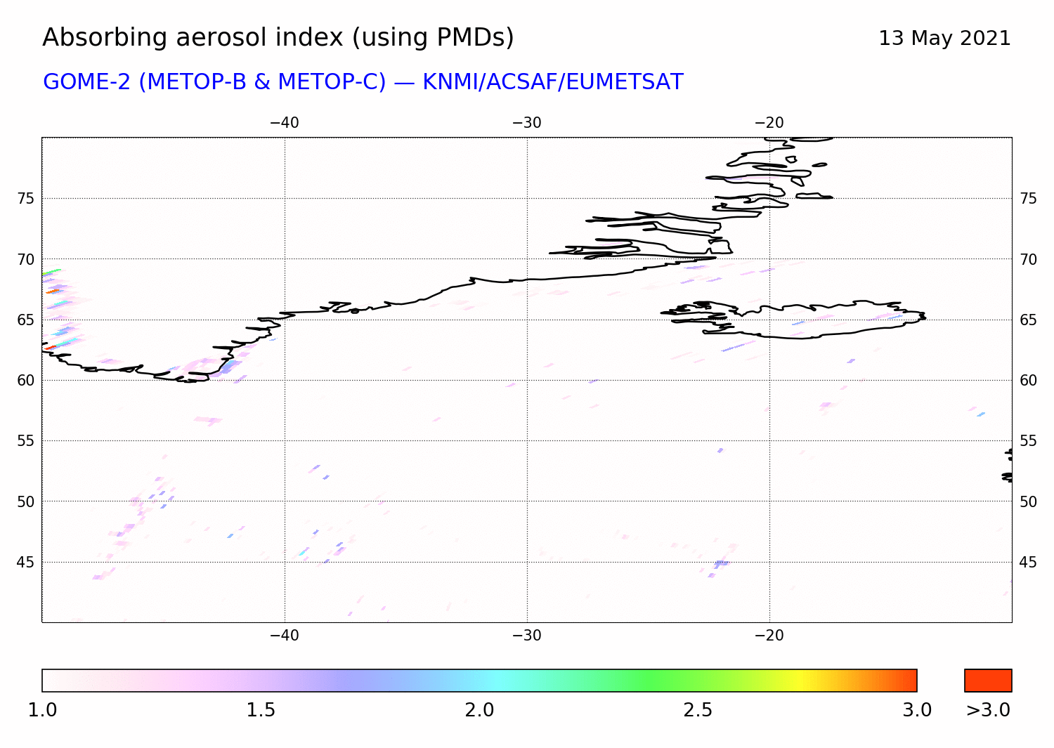 GOME-2 - Absorbing aerosol index of 13 May 2021