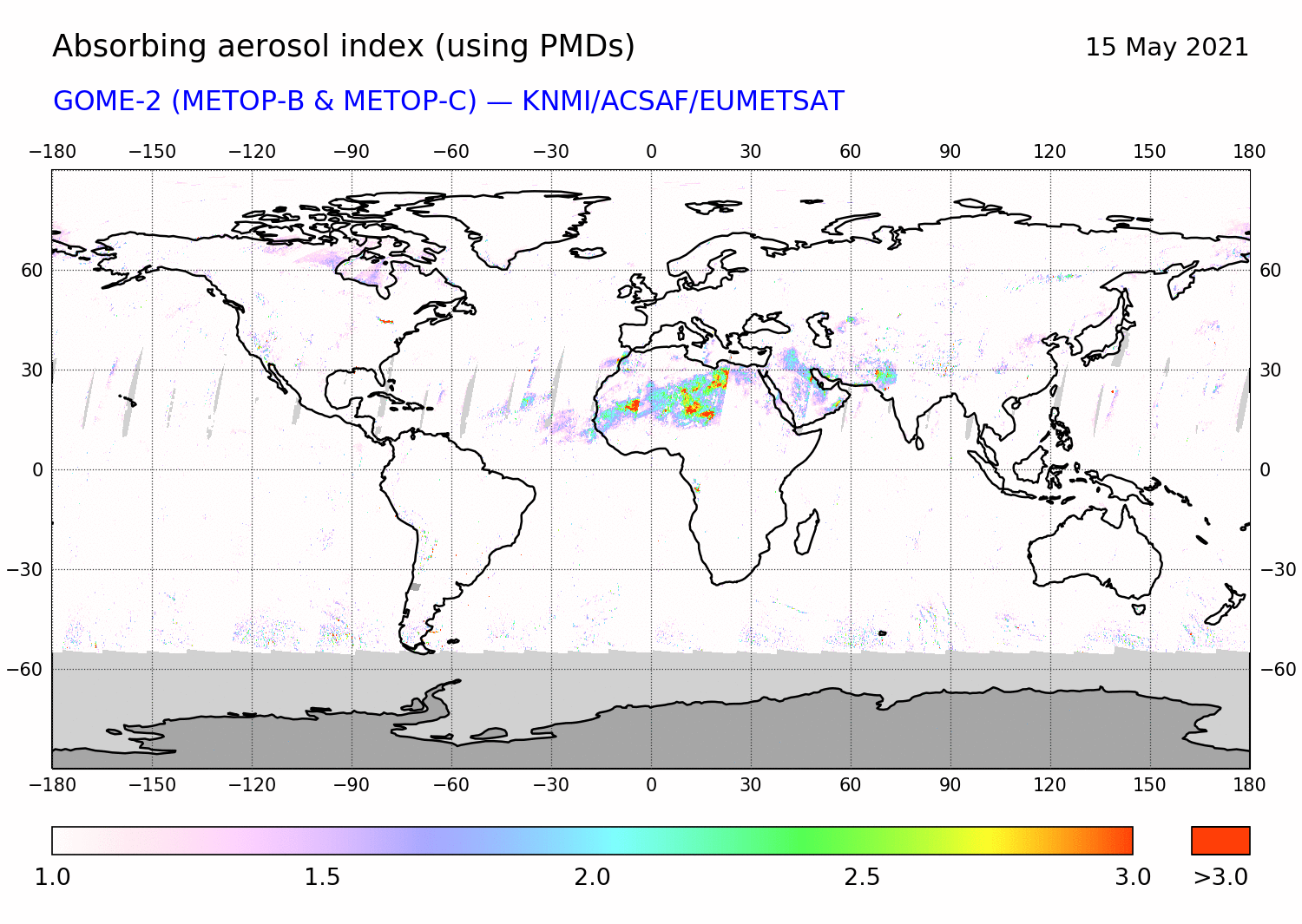GOME-2 - Absorbing aerosol index of 15 May 2021
