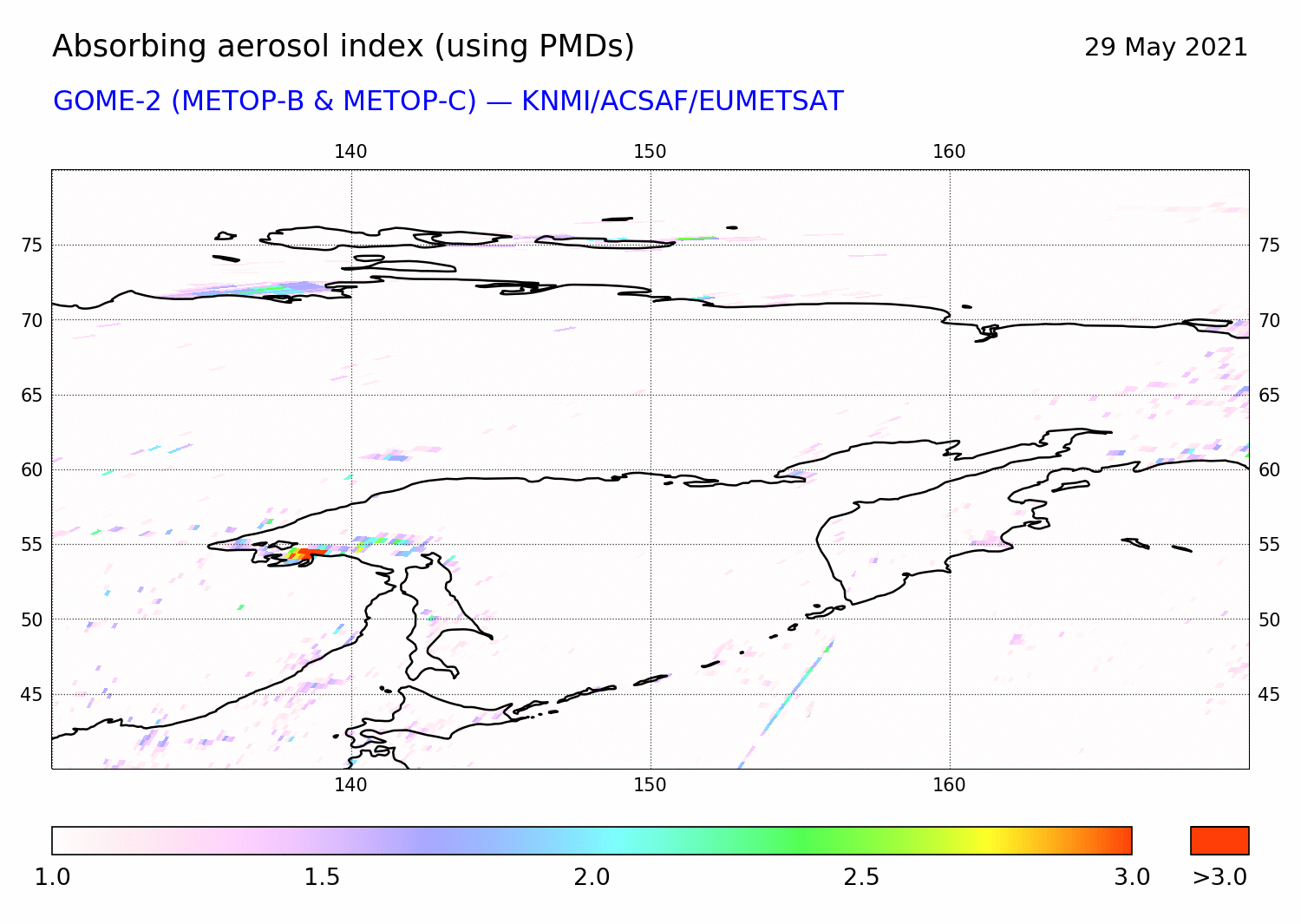 GOME-2 - Absorbing aerosol index of 29 May 2021