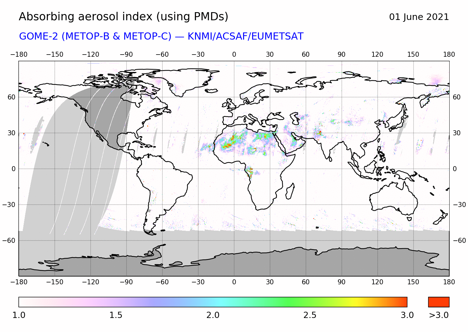GOME-2 - Absorbing aerosol index of 01 June 2021
