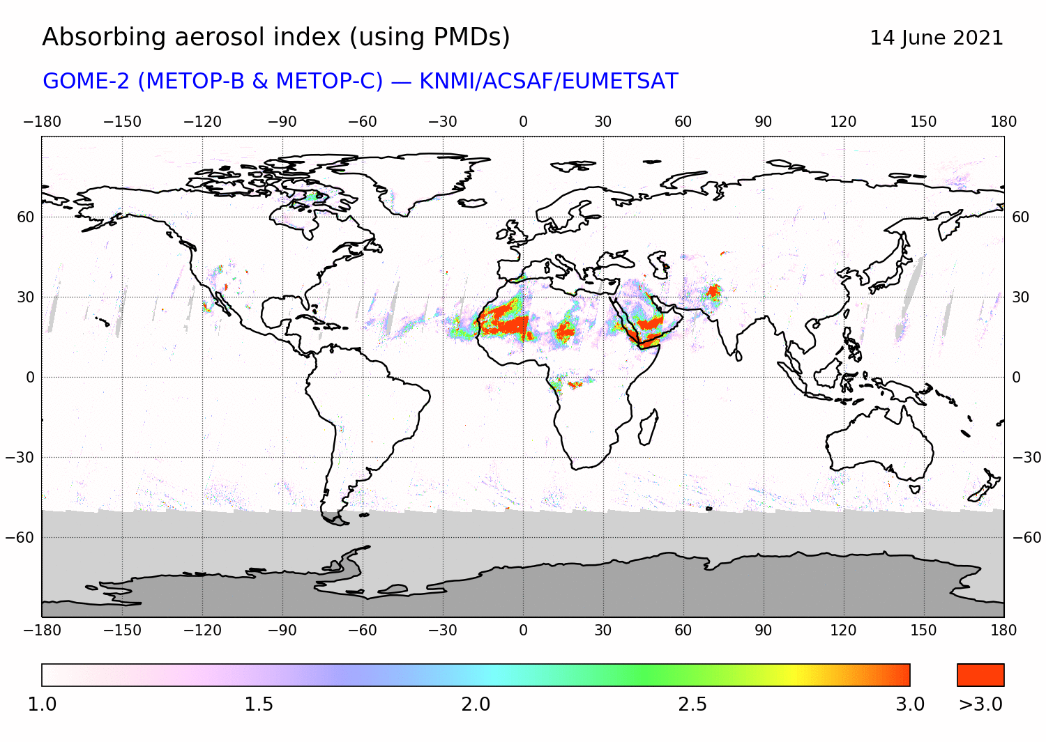 GOME-2 - Absorbing aerosol index of 14 June 2021