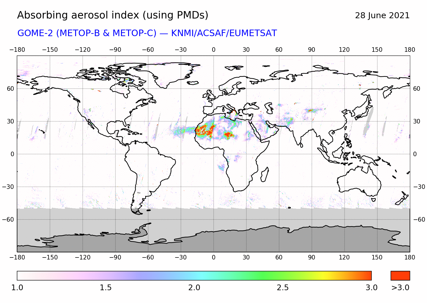 GOME-2 - Absorbing aerosol index of 28 June 2021