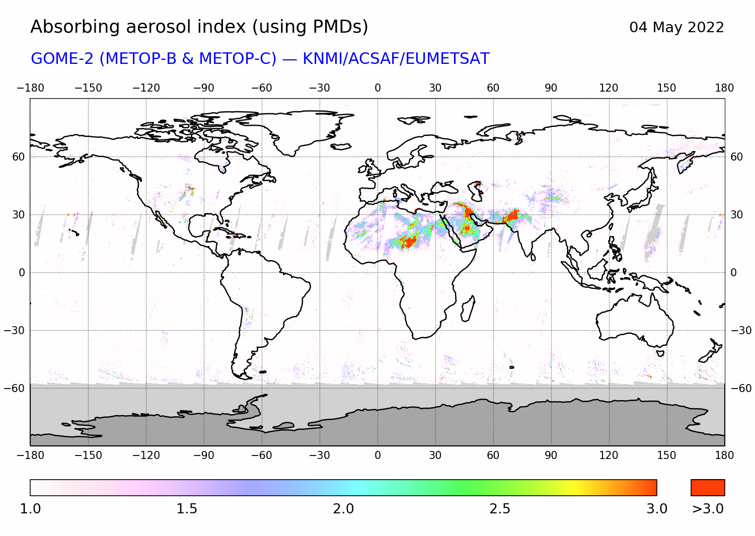 GOME-2 - Absorbing aerosol index of 04 May 2022