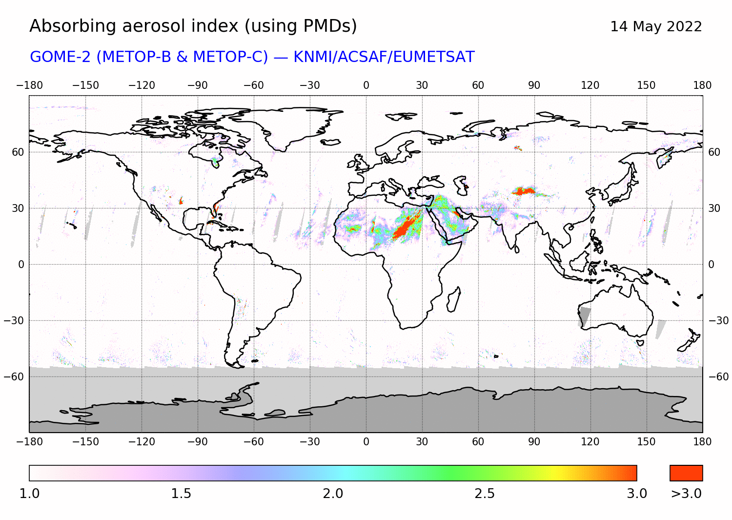 GOME-2 - Absorbing aerosol index of 14 May 2022