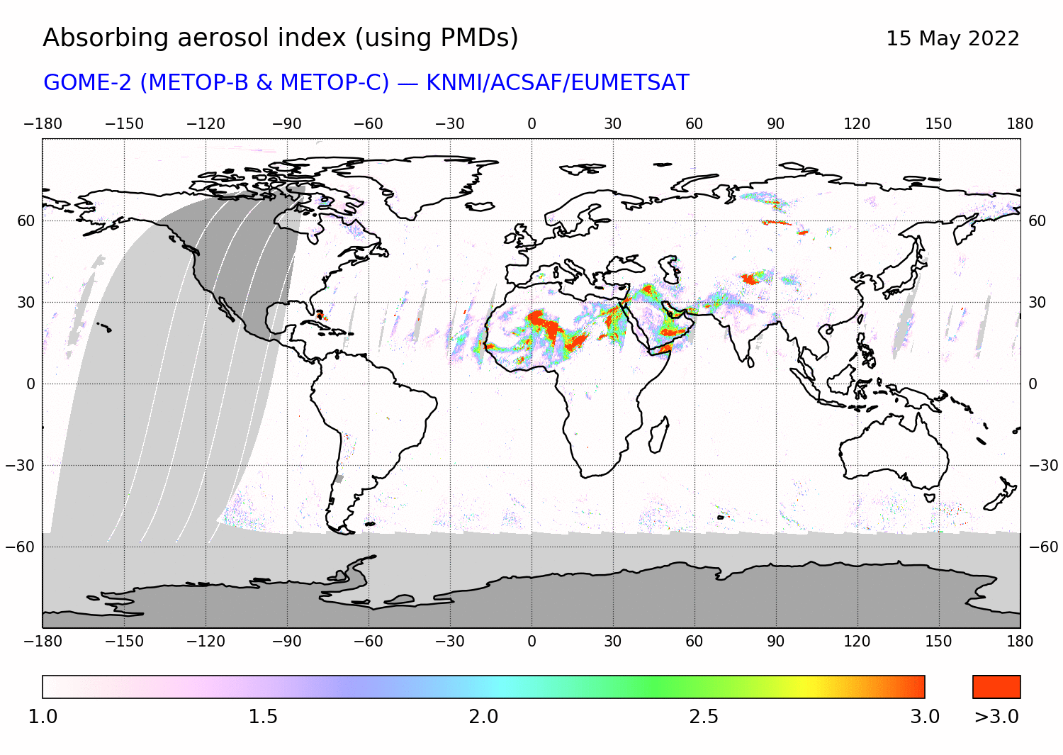 GOME-2 - Absorbing aerosol index of 15 May 2022