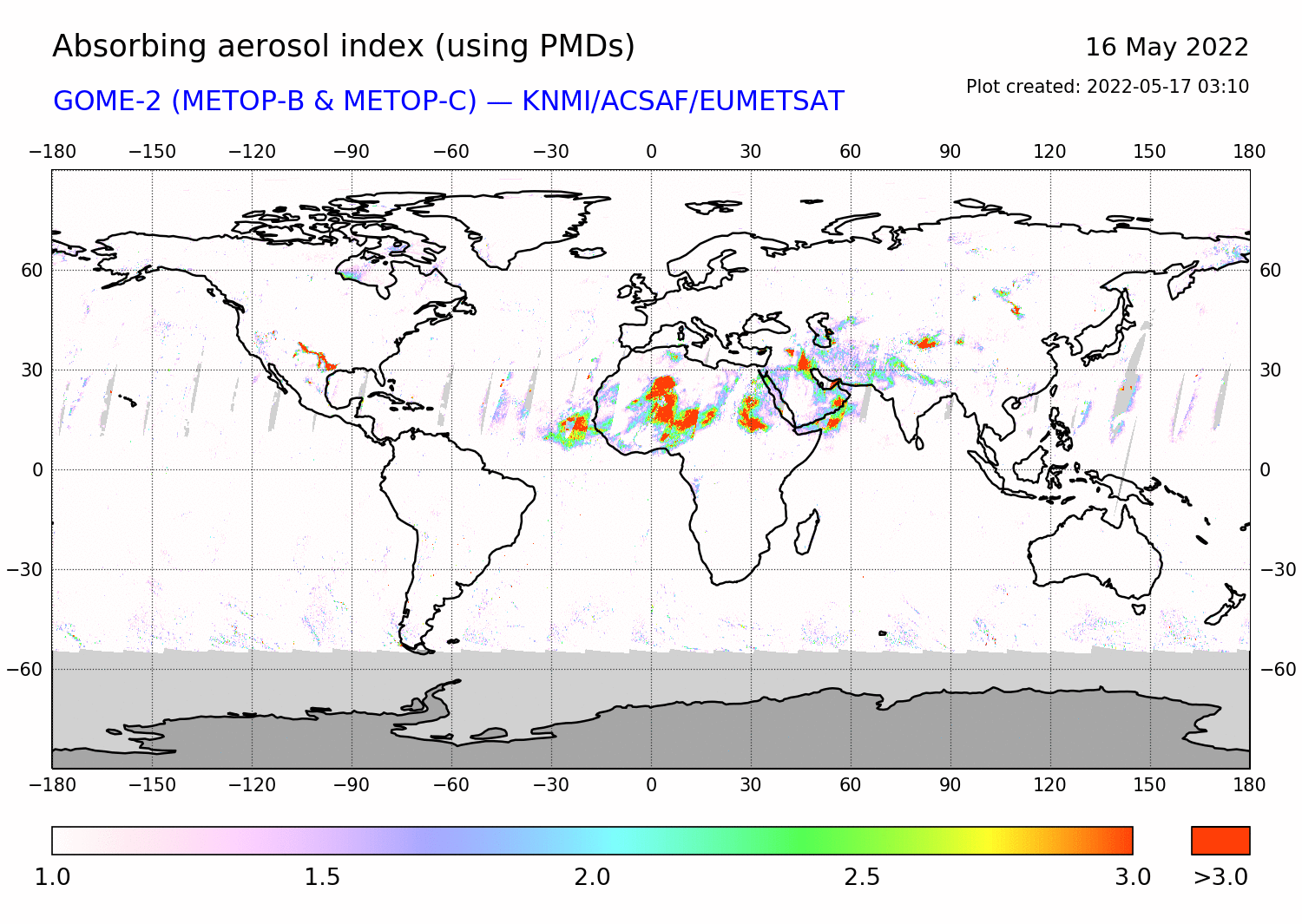 GOME-2 - Absorbing aerosol index of 16 May 2022