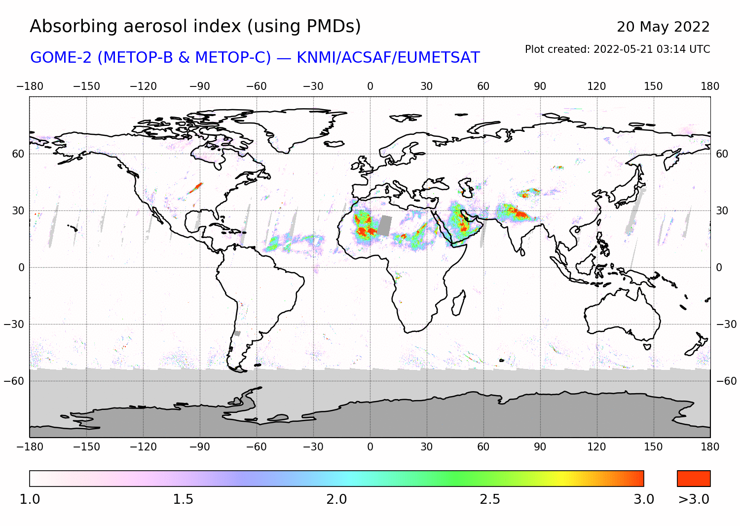 GOME-2 - Absorbing aerosol index of 20 May 2022