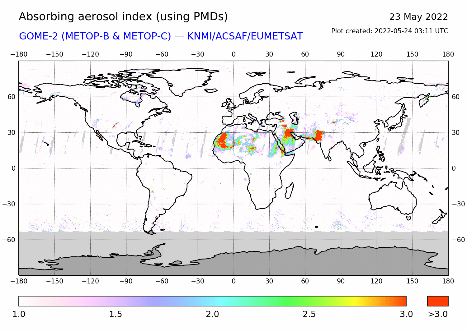 GOME-2 - Absorbing aerosol index of 23 May 2022