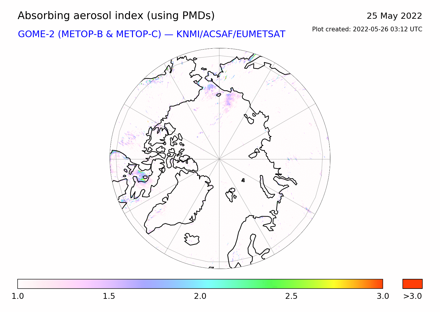 GOME-2 - Absorbing aerosol index of 25 May 2022