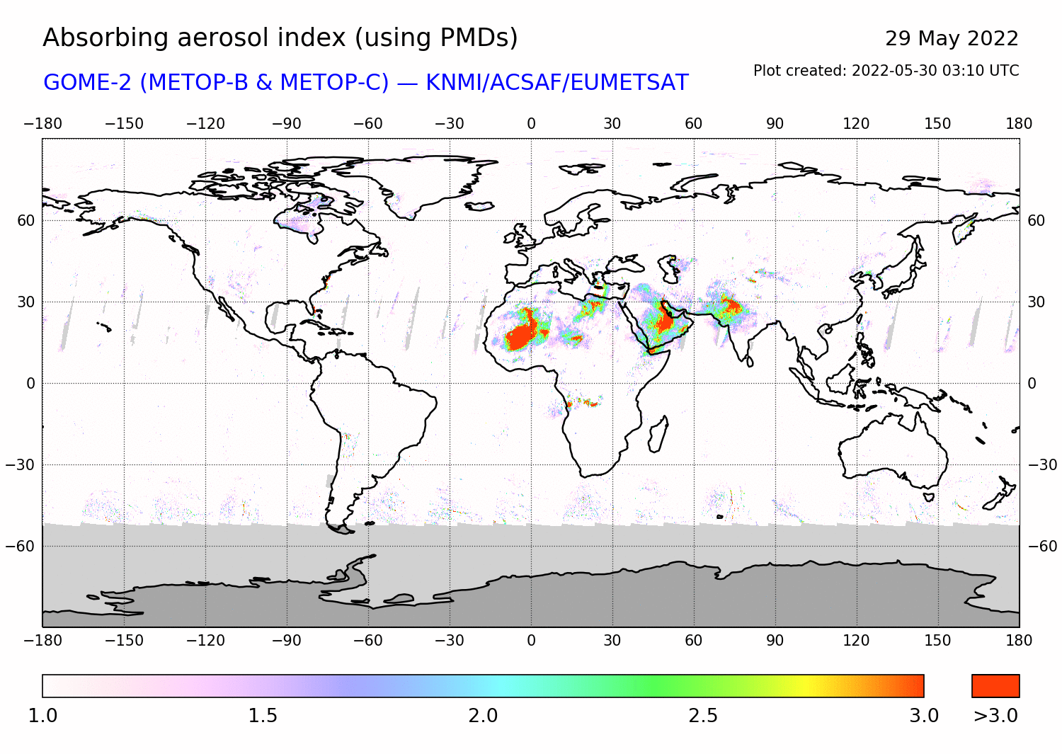 GOME-2 - Absorbing aerosol index of 29 May 2022