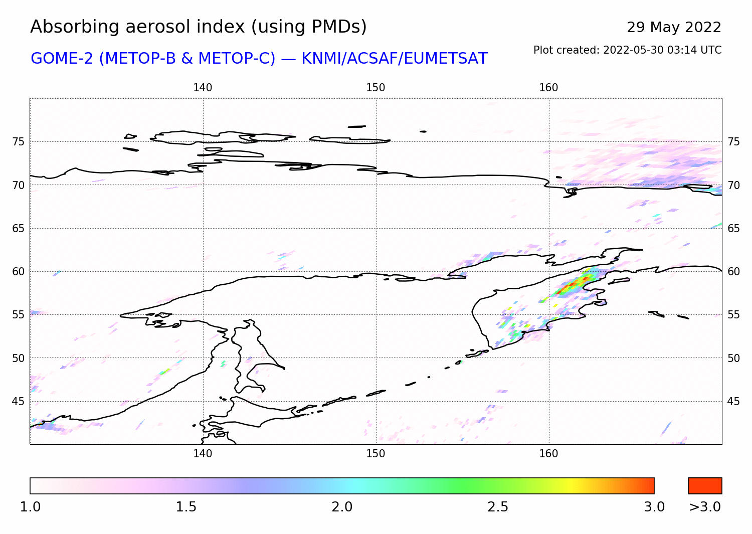 GOME-2 - Absorbing aerosol index of 29 May 2022