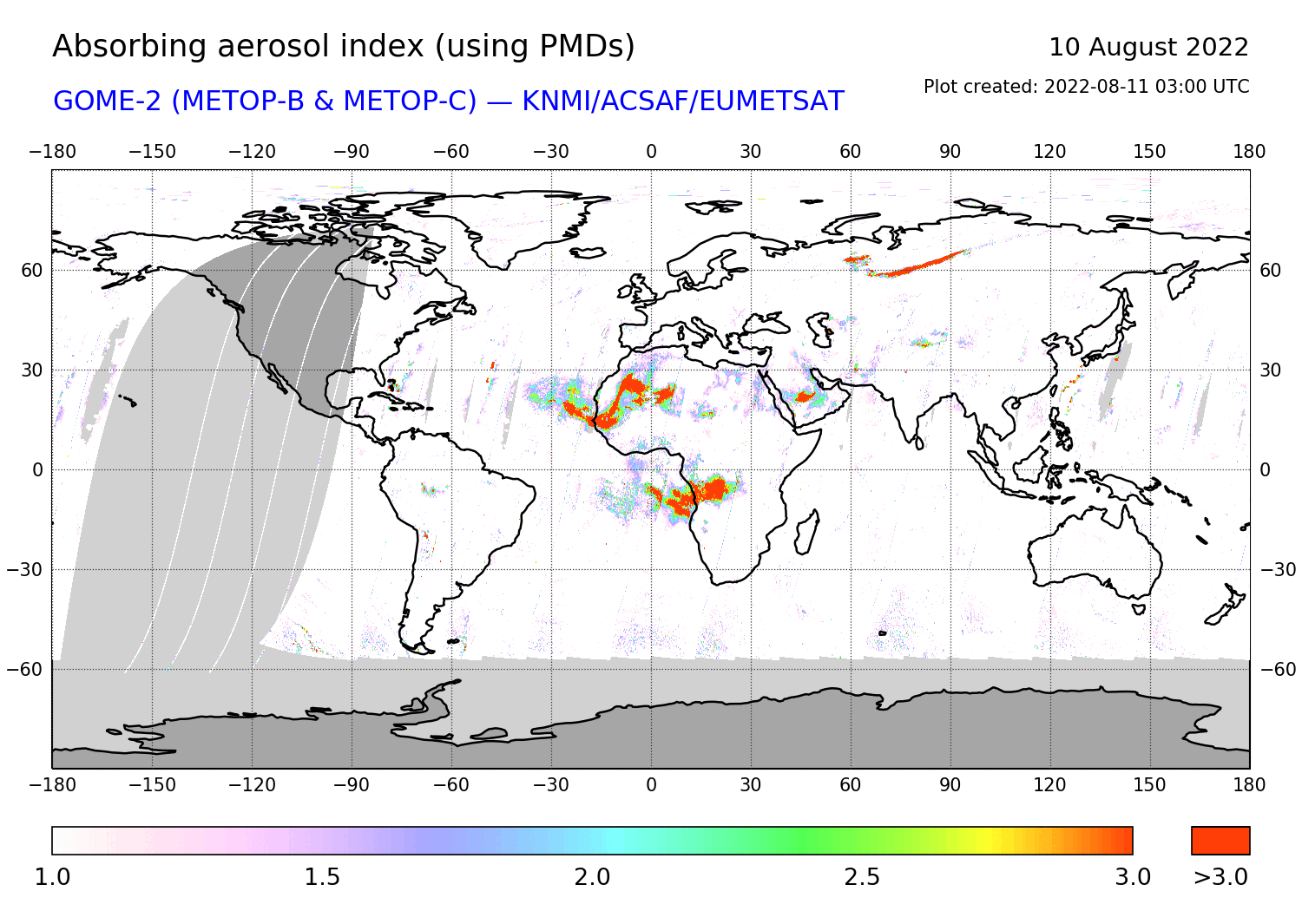 GOME-2 - Absorbing aerosol index of 10 August 2022
