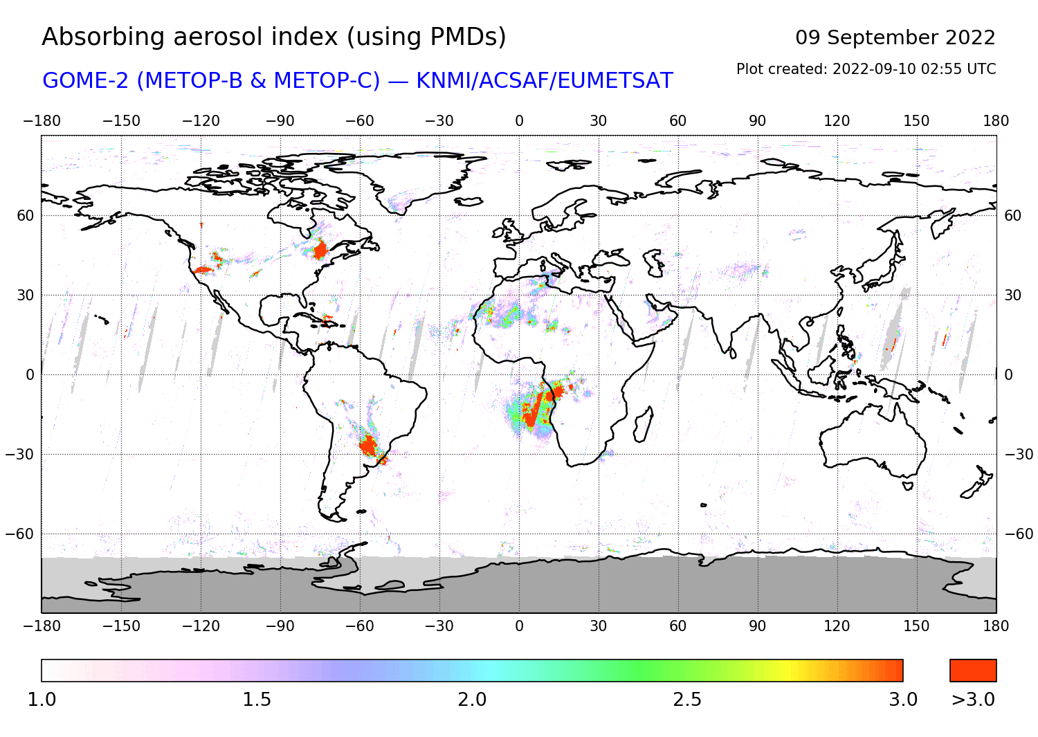 GOME-2 - Absorbing aerosol index of 09 September 2022