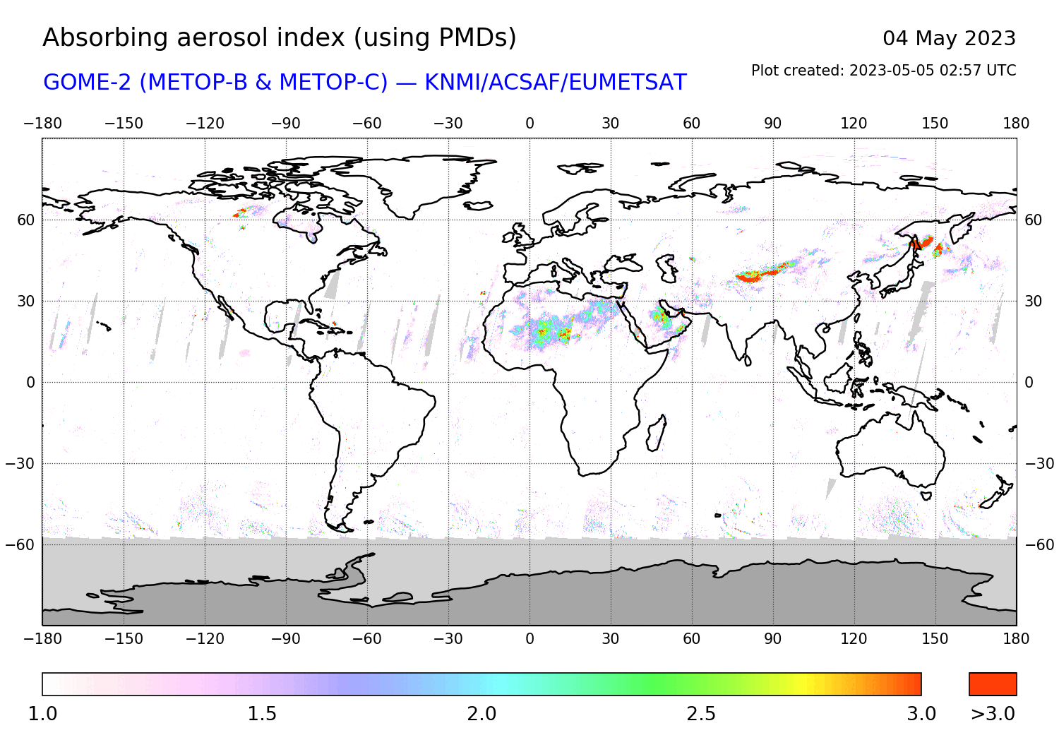 GOME-2 - Absorbing aerosol index of 04 May 2023