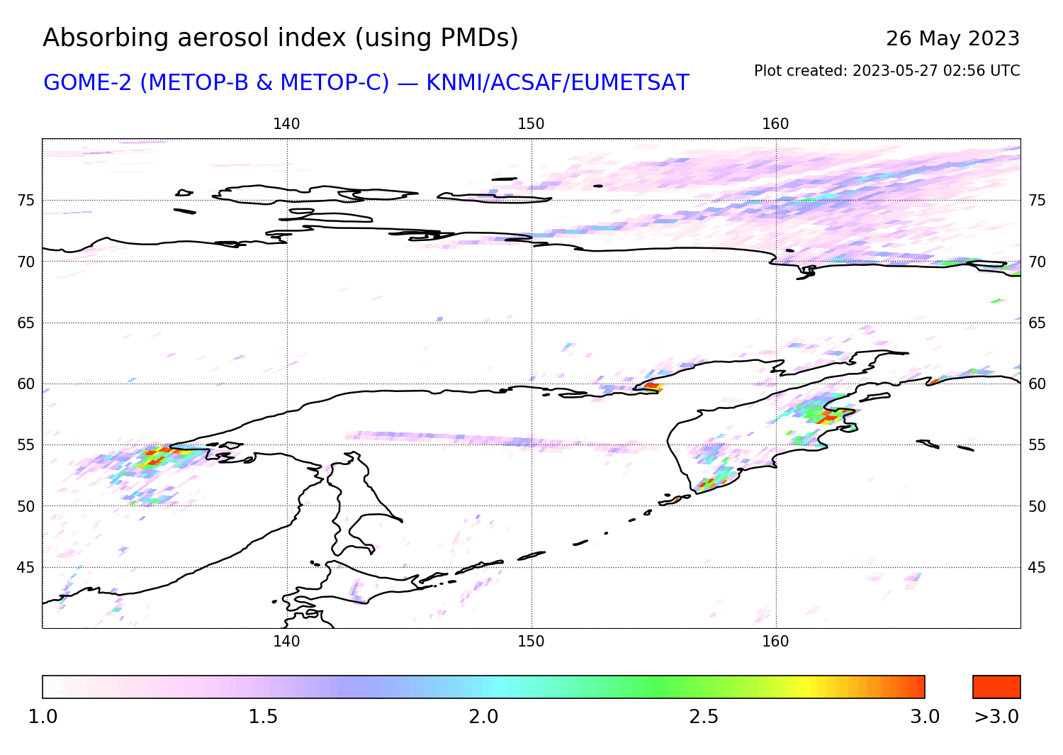 GOME-2 - Absorbing aerosol index of 26 May 2023