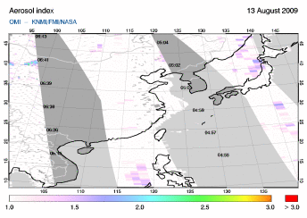 OMI - Absorbing aerosol index of 13 August 2009