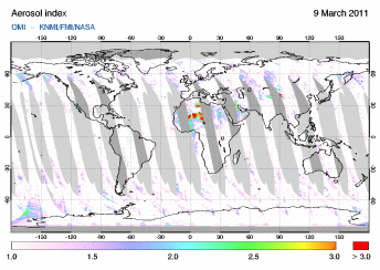 OMI -  Absorbing aerosol index of 09 March 2011