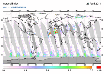 OMI -  Absorbing aerosol index of 23 April 2011