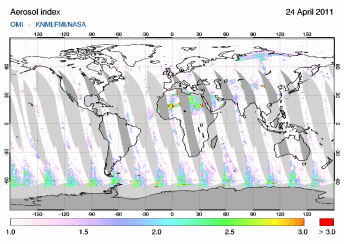 OMI -  Absorbing aerosol index of 24 April 2011