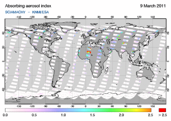 SCIAMACHY -  Absorbing aerosol index of 09 March 2011