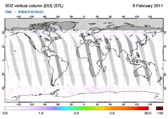 OMI - SO2 vertical column of 08 February 2011