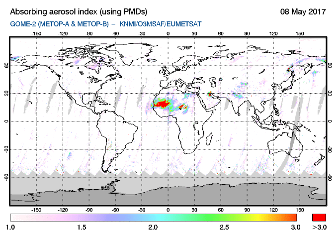 GOME-2 - Absorbing aerosol index of 08 May 2017