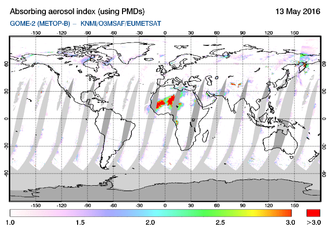GOME-2 - Absorbing aerosol index of 13 May 2016