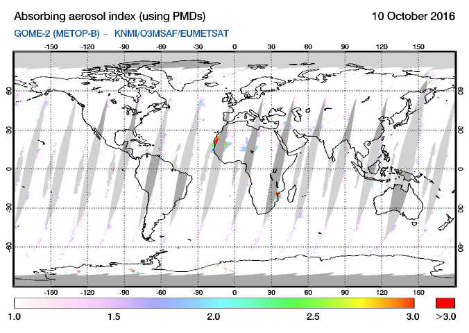 GOME-2 - Absorbing aerosol index of 10 October 2016